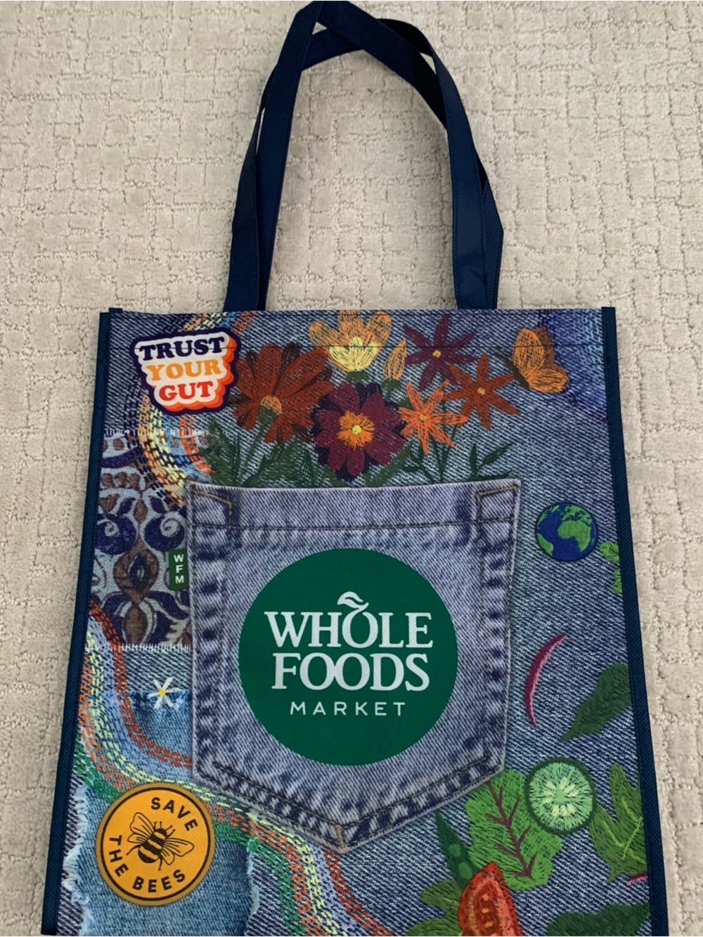 Whole Foods Blue Floral Denim-Style Tote Bag Washable